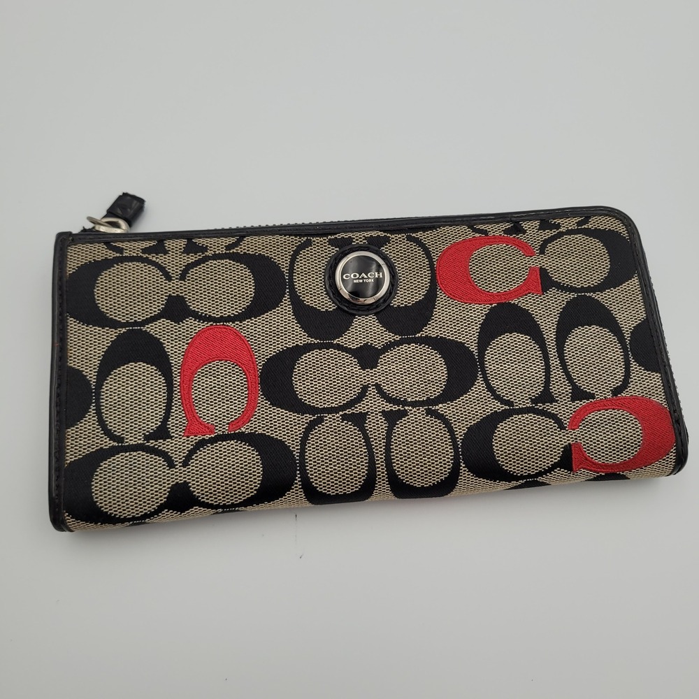 Coach Signature Zip Around Wallet Black Tan Red Jacquard Canvas Monogram Long